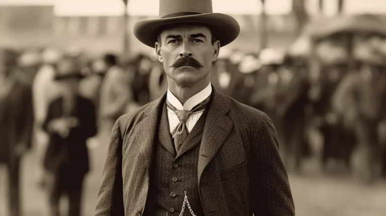 A man in a suit and hat standing in front of a crowd during a historical fiction event.