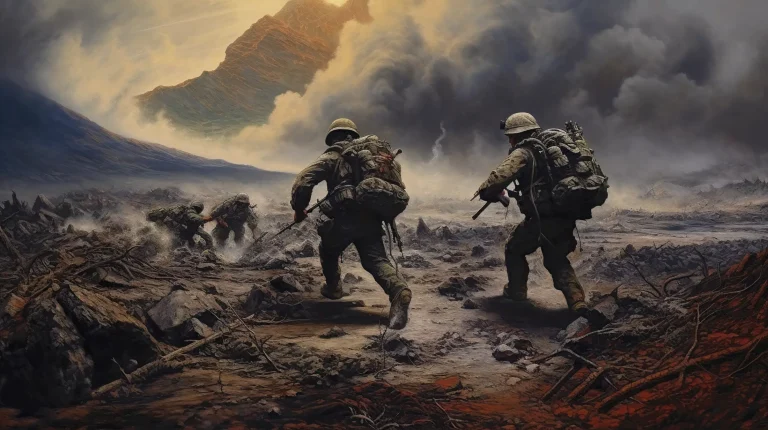 A historical fiction painting featuring two soldiers trekking through a desert terrain.